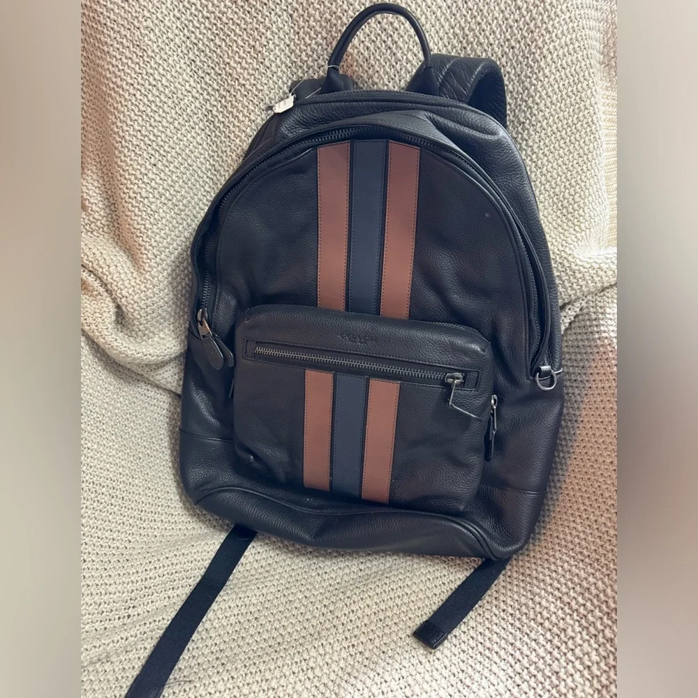 Coach Black Leather Backpack with Brown and Navy Stripes